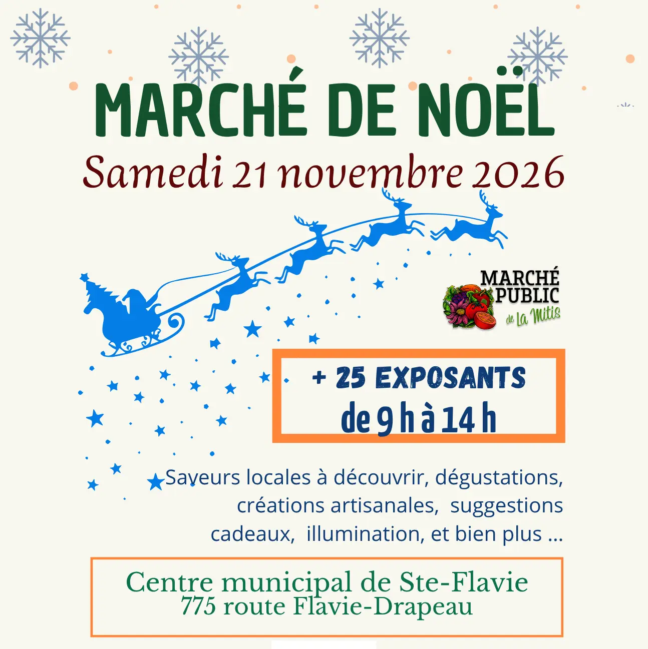 Affiche du Marché de Noël du Marché public de La Mitis, samedi 21 novembre 2026, de 9 h à 14 h, à Sainte-Flavie